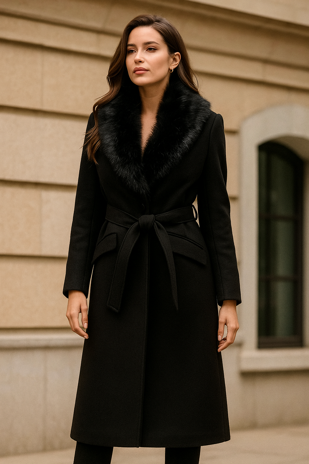 SUEVA™ Luxury Wool Blend Coat with Detachable Fur Collar
