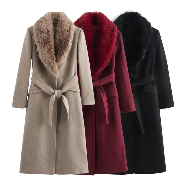 SUEVA™ Luxury Wool Blend Coat with Detachable Fur Collar
