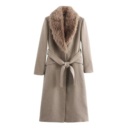SUEVA™ Luxury Wool Blend Coat with Detachable Fur Collar