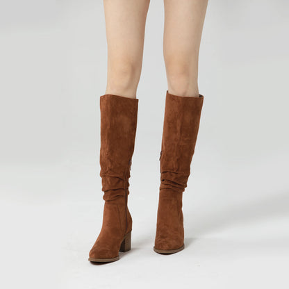 Women’s Knee-High Suede Boots – Chunky Heel & Side Zipper